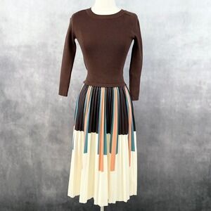 Dalia MacPhee Women Dress Small Brown Multi Pleated Sweater Academia Preppy Chic
